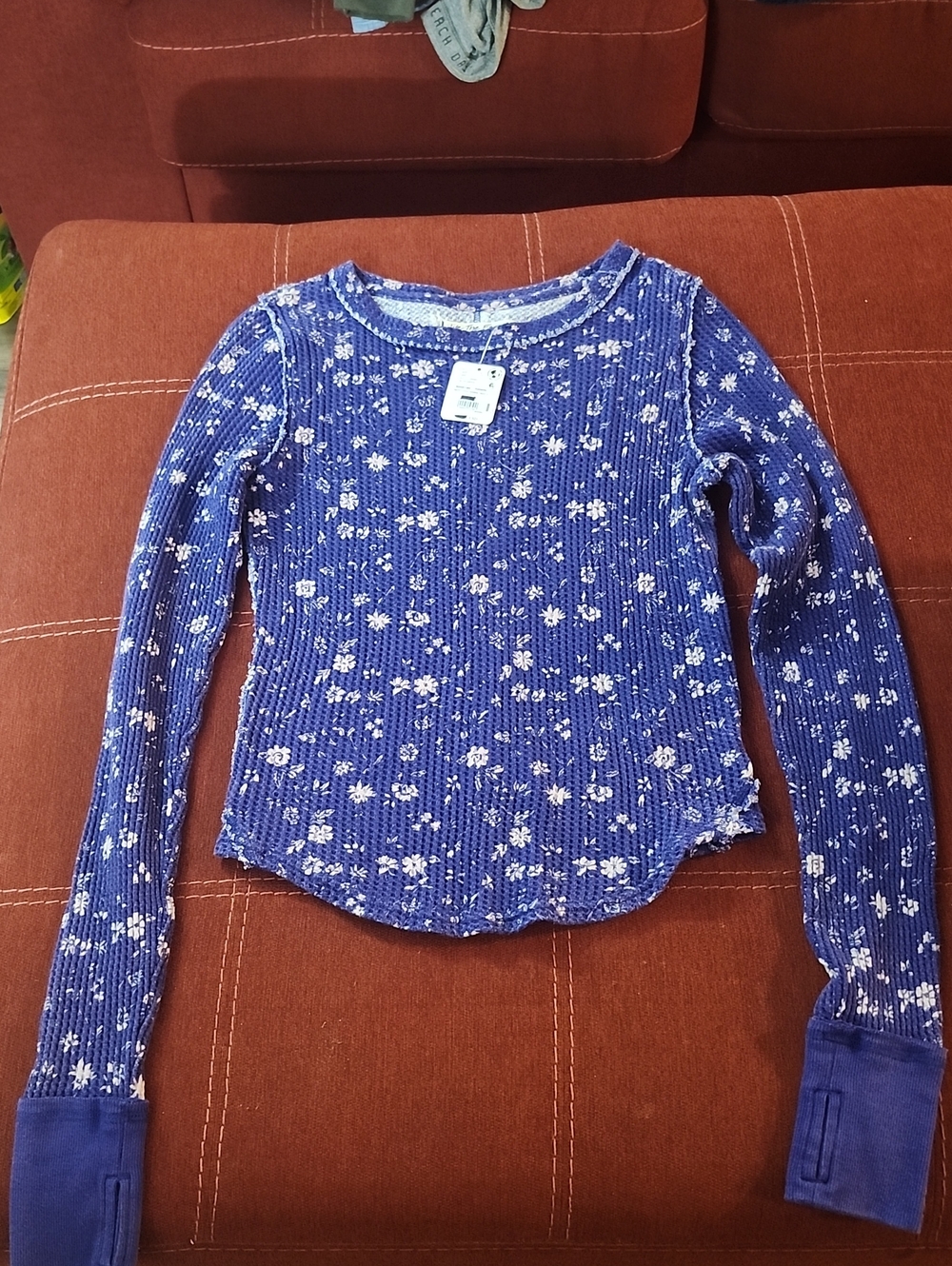 Womens Blue Floral Long-Sleeve Thermal Top